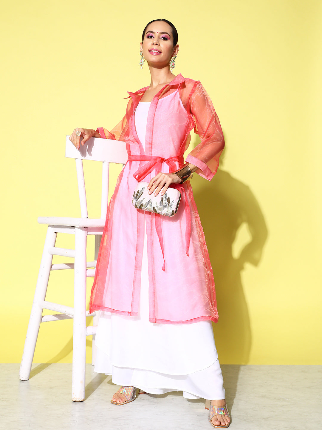 InWeave Women's Cream Strappy Kurta Set With Pink Organza Cape
