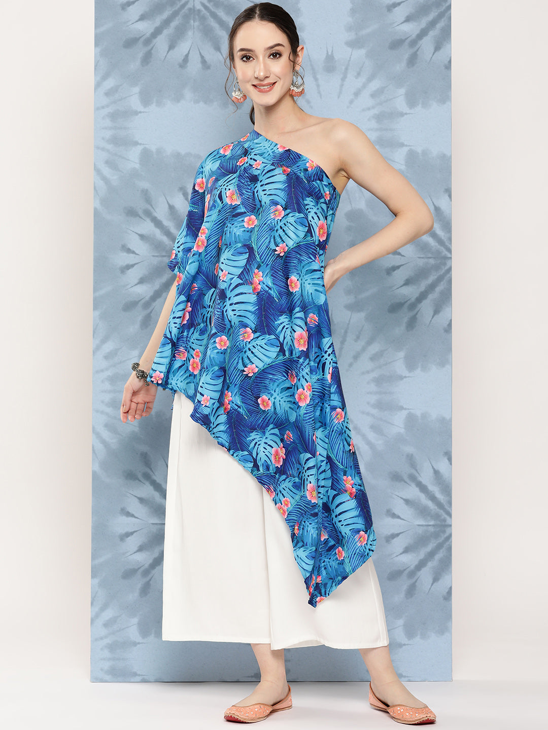 InWeave Women's Blue Pink Japanese Art Oneshoulder Top