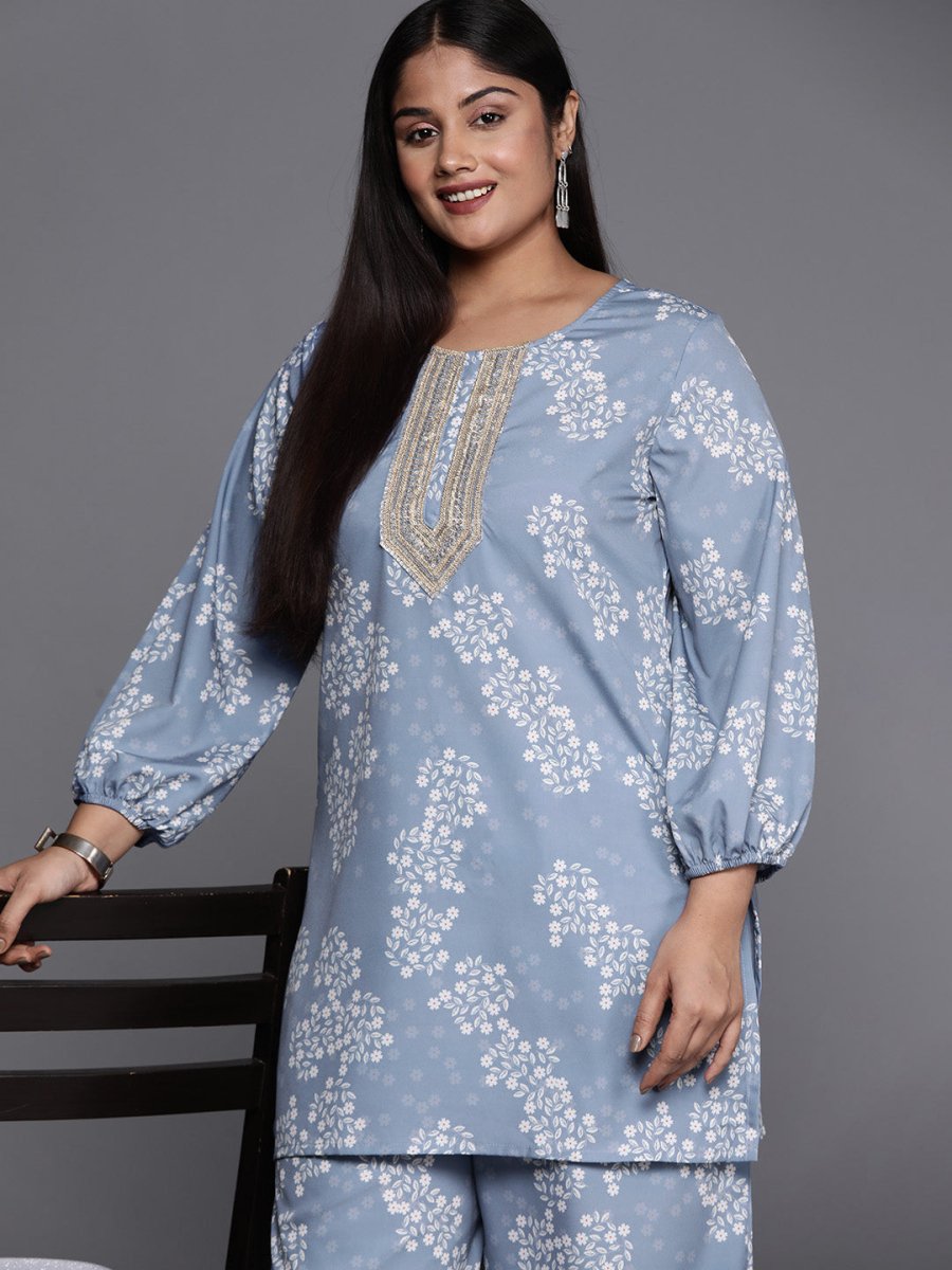 Ahalyaa Plus Size Floral Print Zari Ethnic Tunic with Palazzos - Distacart