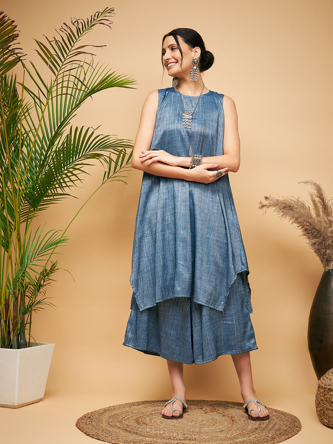 InWeave Women's Blue Lurex Short Pallazo Kurta Set