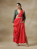 trueBrowns Red Bandhani Printed Silk Skirt Stitched Saree with Belt