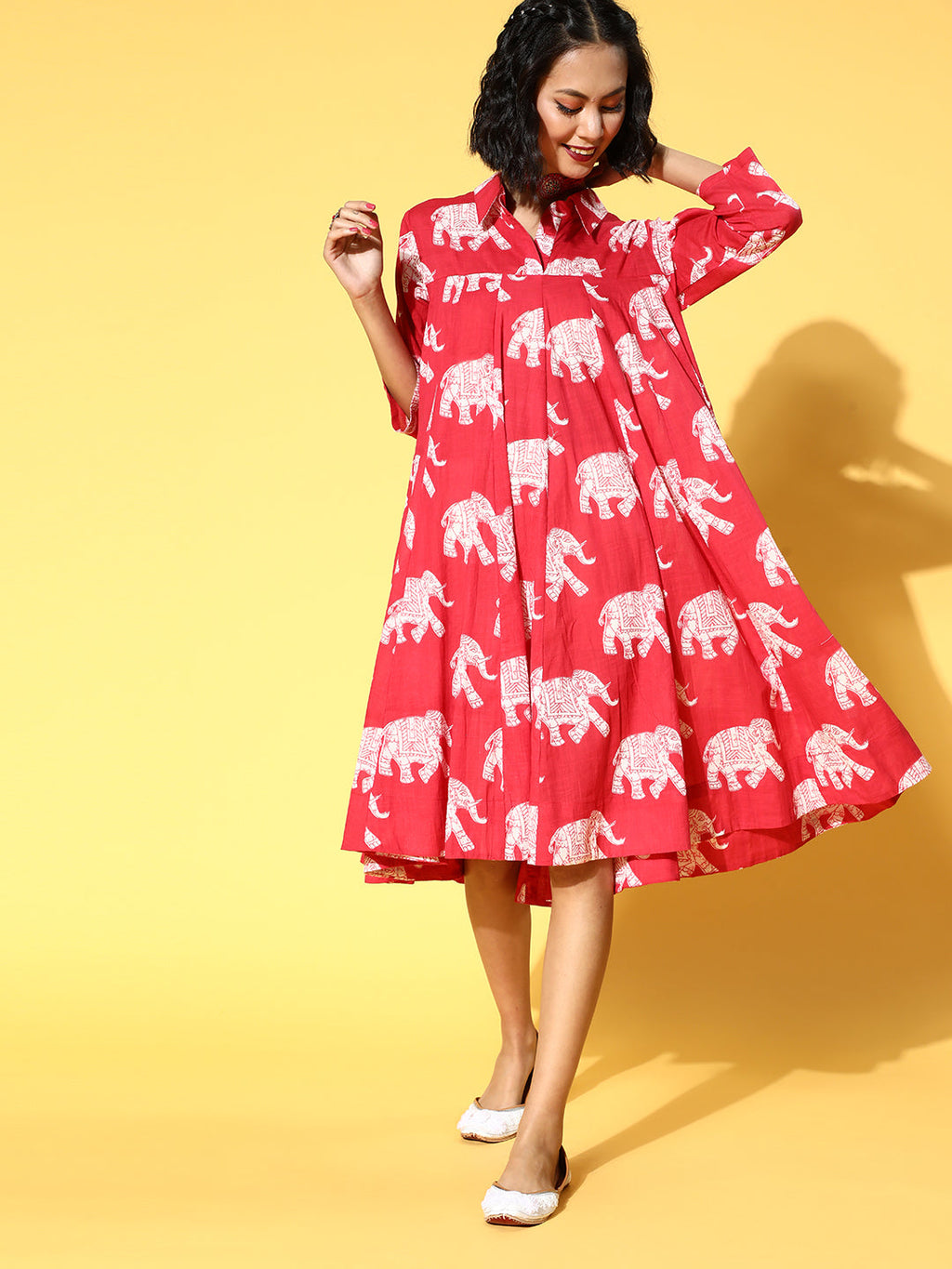 InWeave Red Elephant Flared Dress