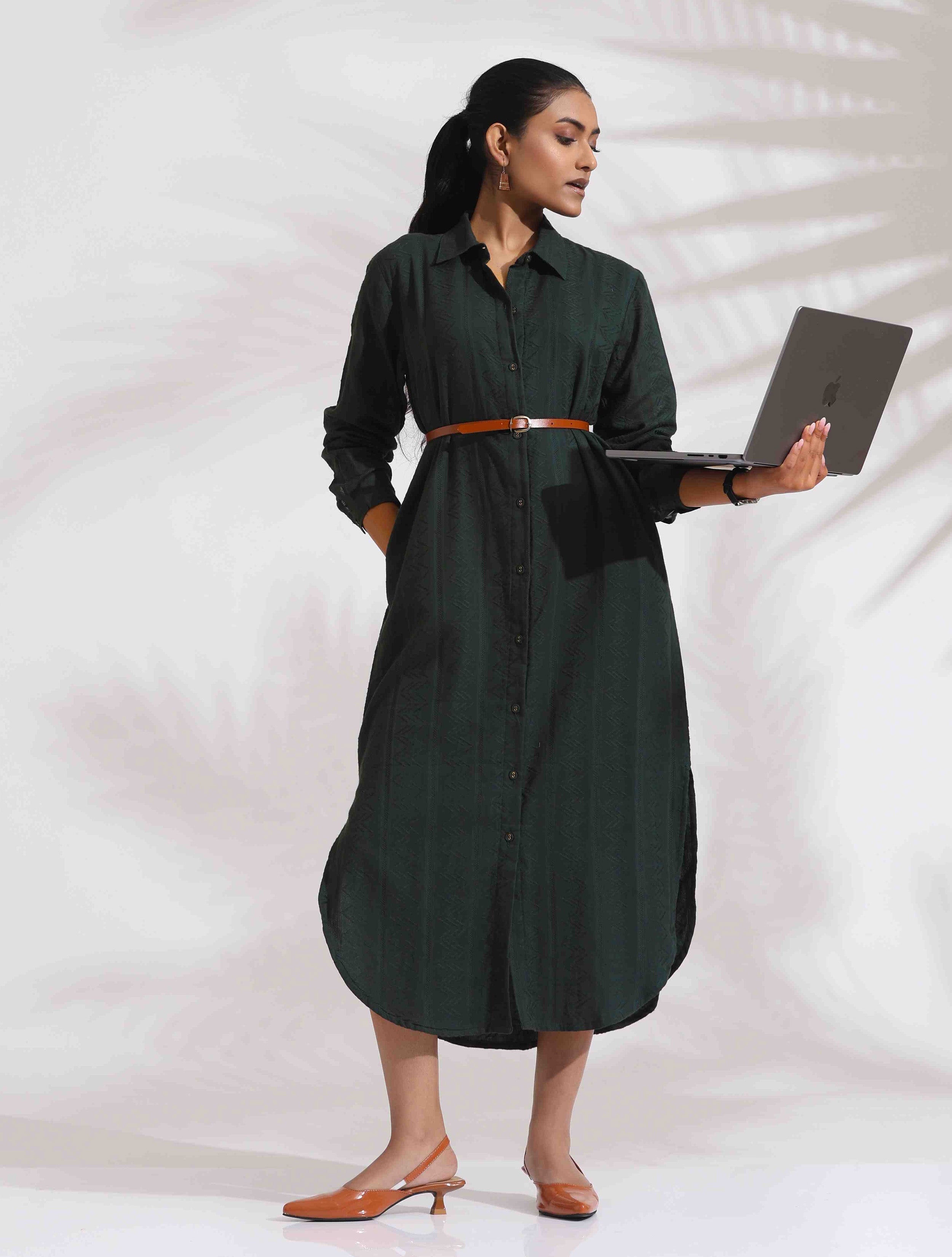trueBrowns Green Cotton Shirt Dress - Distacart
