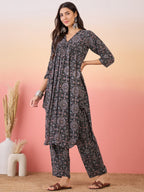 InWeave Black Maroon Ajrakh Foil V Neck Flared Kurta Pant Set