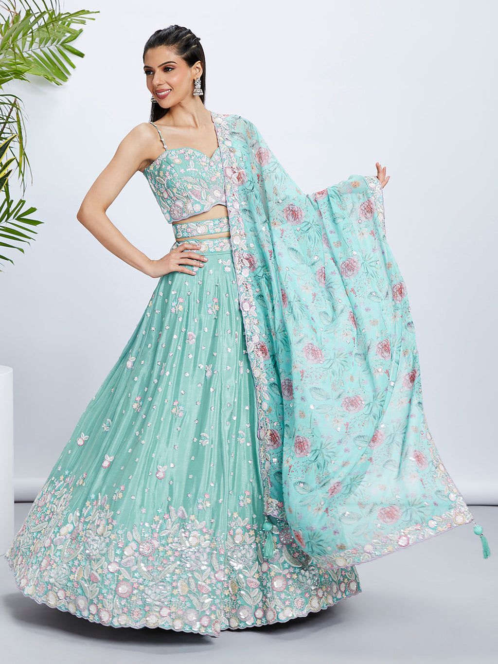 House of Panchhi Burgundy Georgette Sequins, Mirror And Thread Embroidery Lehenga Choli & Dupatta
