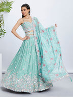 House of Panchhi Burgundy Georgette Sequins, Mirror And Thread Embroidery Lehenga Choli & Dupatta