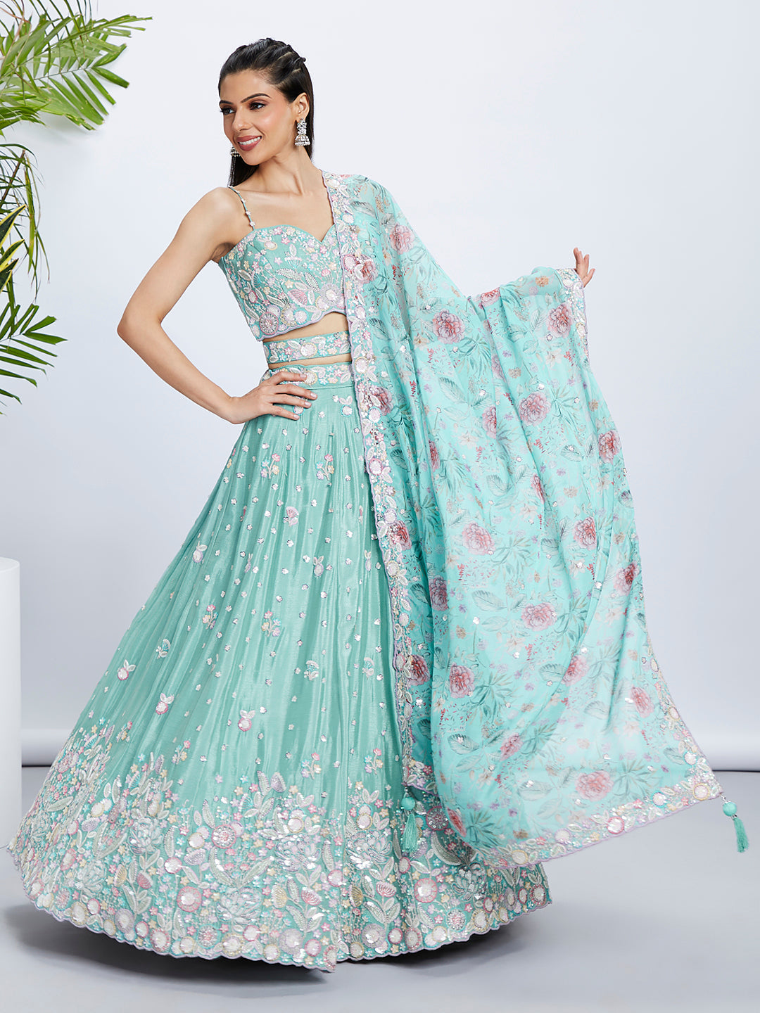 House of Panchhi Burgundy Georgette Sequins, Mirror And Thread Embroidery Lehenga Choli & Dupatta