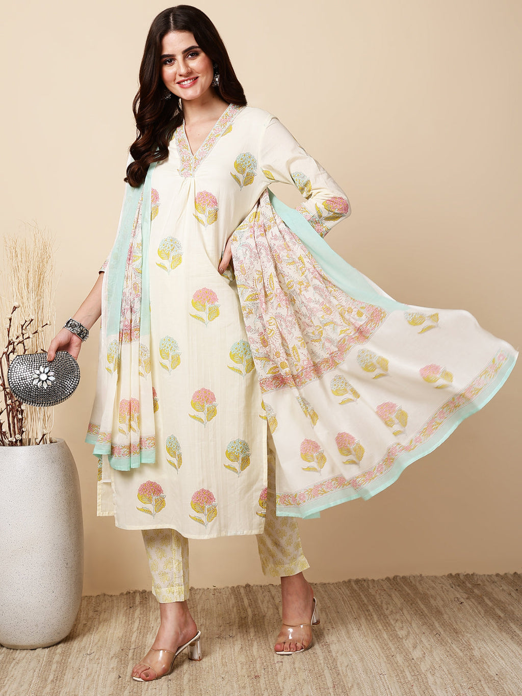 Antaran Cream Pure Cotton Floral Printed Kurta Pant And Dupatta Set - Distacart