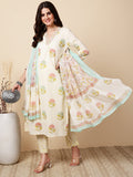 Antaran Cream Pure Cotton Floral Printed Kurta Pant And Dupatta Set - Distacart