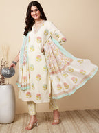 Antaran Cream Pure Cotton Floral Printed Kurta Pant And Dupatta Set - Distacart