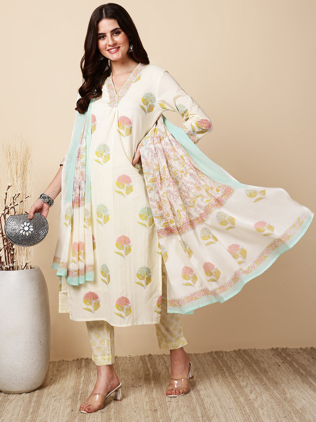 Antaran Cream Pure Cotton Floral Printed Kurta Pant And Dupatta Set - Distacart