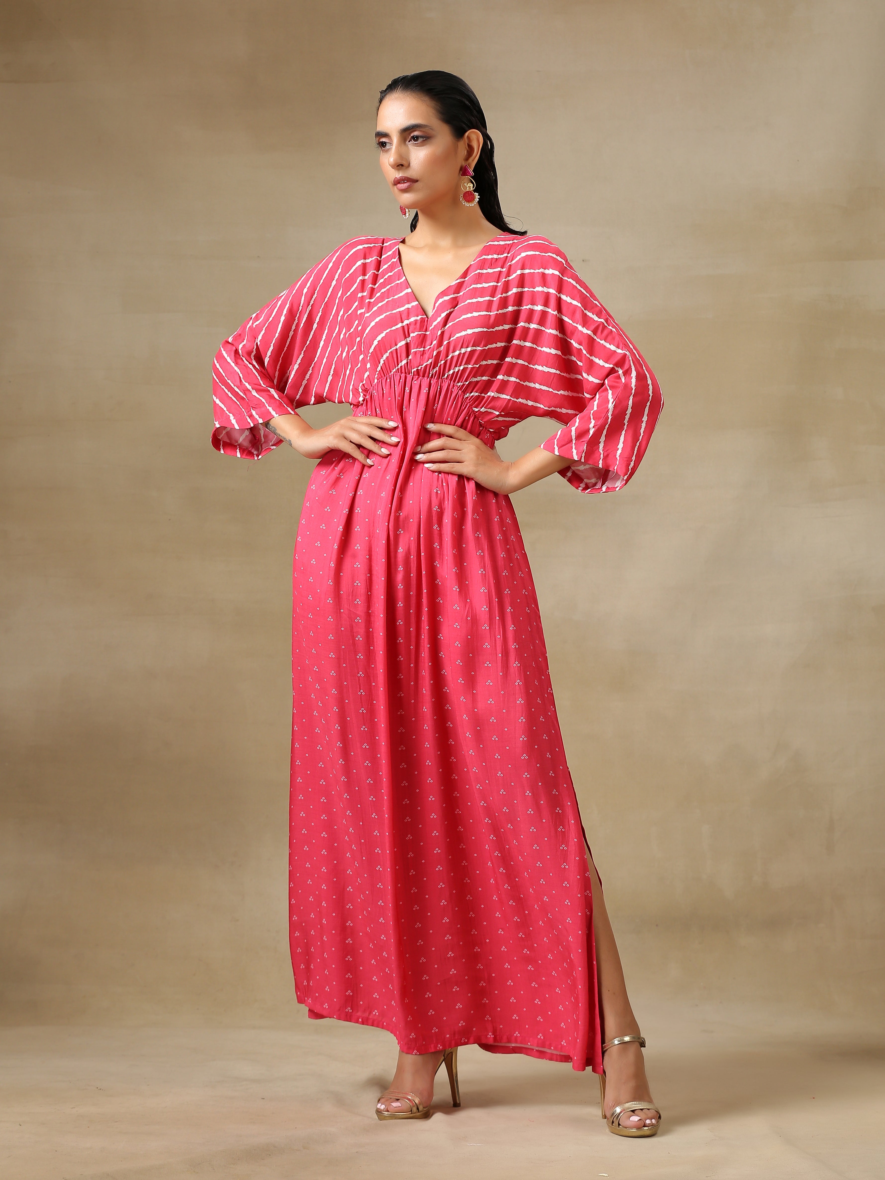 trueBrowns Pink Bandhani Printed Silk Drop Shoulder Dress - Distacart