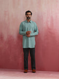 trueBrowns Men's Aqua Blue Cotton Shirt Collar Stylized Kurta