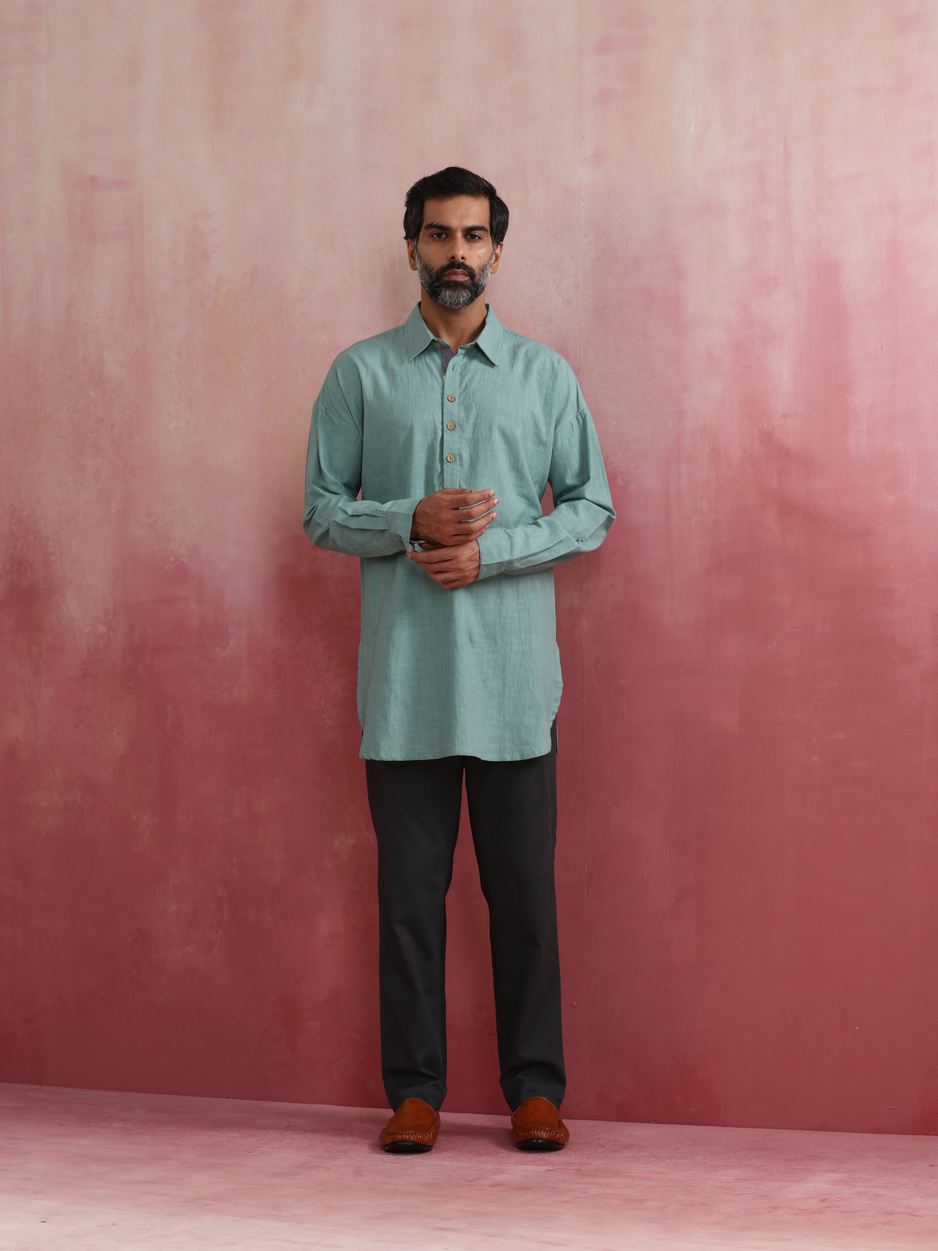 trueBrowns Men's Aqua Blue Cotton Shirt Collar Stylized Kurta