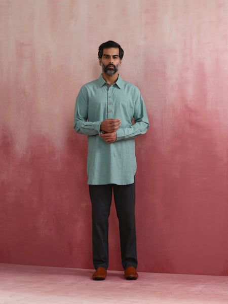 trueBrowns Men's Aqua Blue Cotton Shirt Collar Stylized Kurta