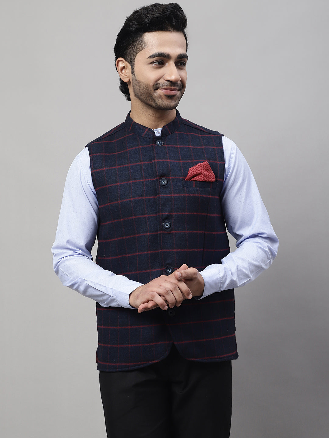 Even Apparels Men's Blue Nehru Jacket With Welt Pockets