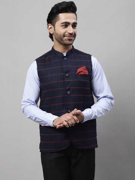 Even Apparels Men's Blue Nehru Jacket With Welt Pockets
