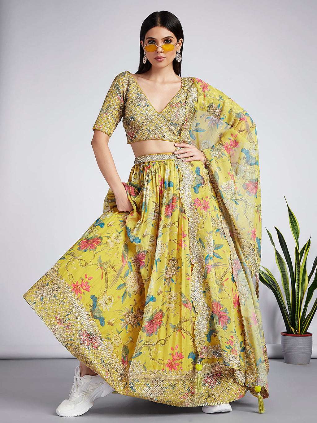 House of Panchhi Mustard Colour Organza Floral Design Digital Print Lehenga Choli & Dupatta