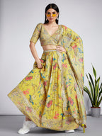 House of Panchhi Mustard Colour Organza Floral Design Digital Print Lehenga Choli & Dupatta