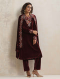 trueBrowns Maroon Velvet Floral Embroidered Kurta Pant Dupatta Set - Distacart
