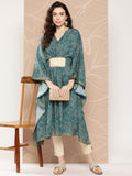Ahalyaa Women Floral Printed Flared Sleeves Patchwork Belted Detail Crepe Kaftan Kurta - Distacart