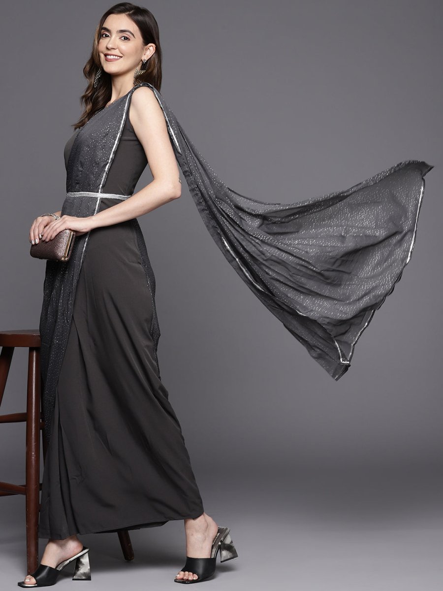 Ahalyaa Abstract Print Layered Crepe Ethnic Dress - Distacart