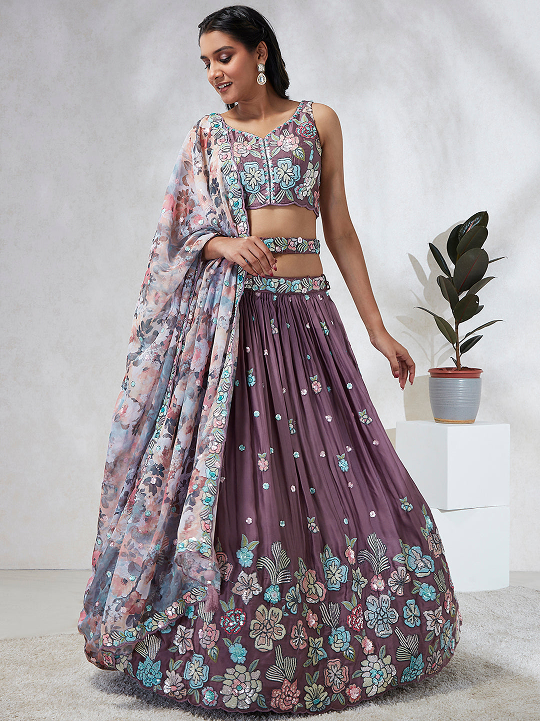 House of Panchhi Lavender Georgette Sequins And Thread Embroidery Lehenga Choli & Dupatta
