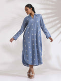 trueBrowns Blue Cotton Floral Embroidered Dress - Distacart