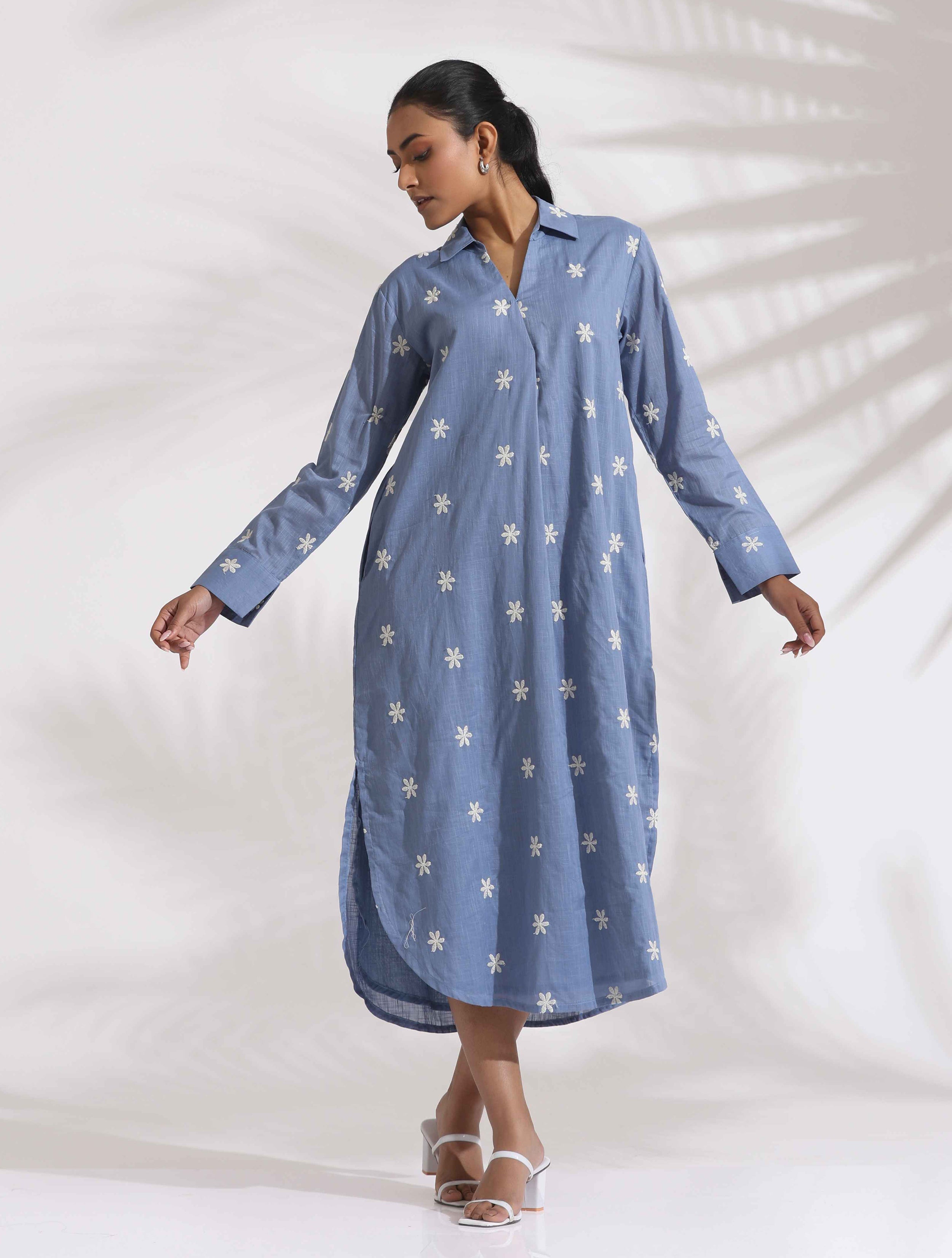 trueBrowns Blue Cotton Floral Embroidered Dress - Distacart
