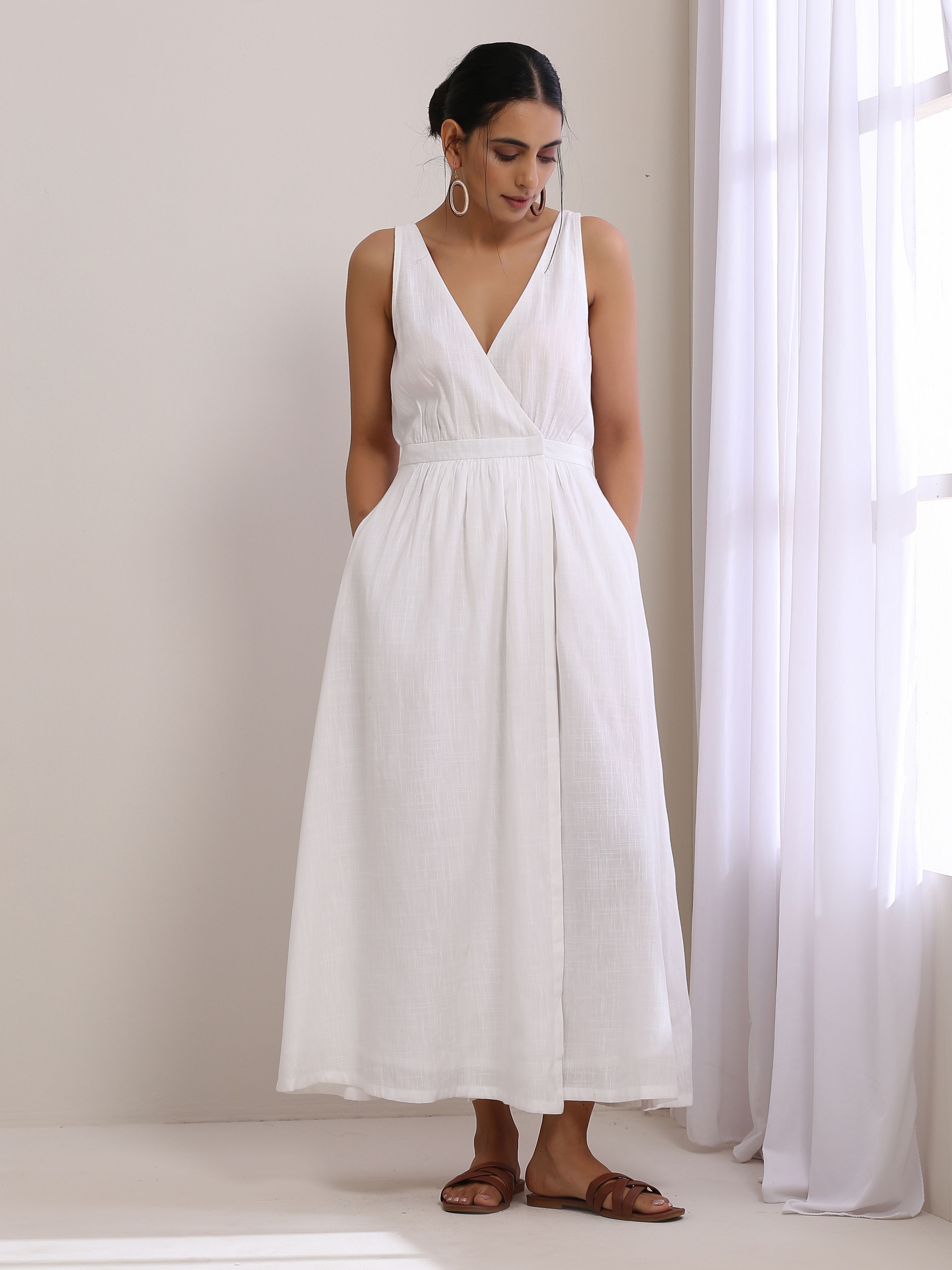 trueBrowns White Slub Texture Sleeveless Wrap Dress - Distacart