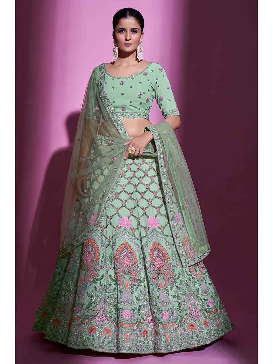 Myra Pista Green Georgette Embroidered Designer Lehenga Choli