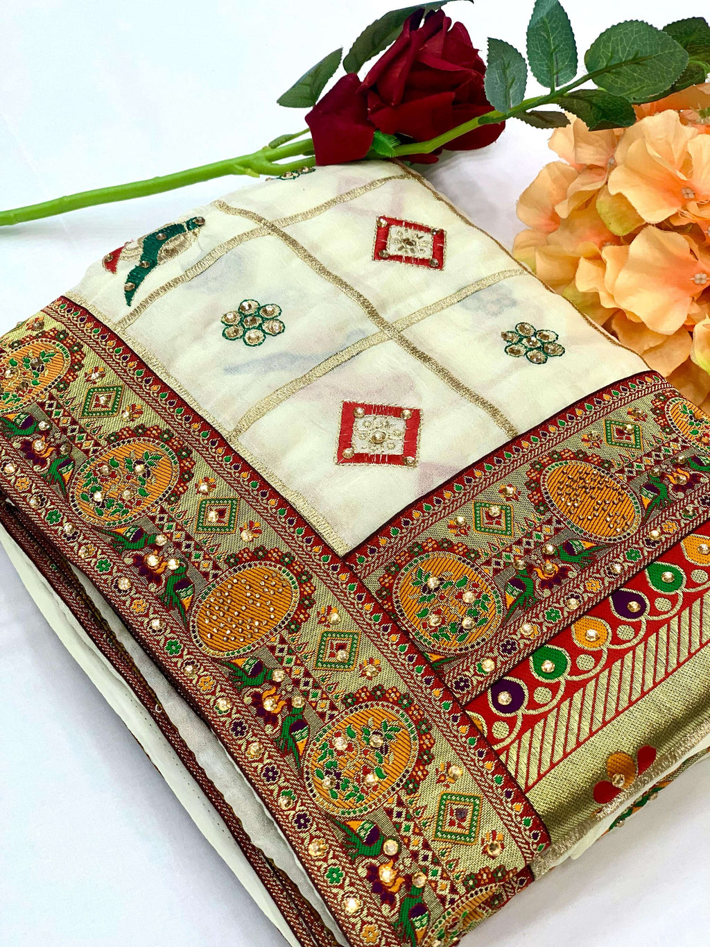 Lorenvalley Fashion Premium White Vichitra Silk Embroidery and Diamond work Both Side Saree