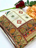 Lorenvalley Fashion Premium White Vichitra Silk Embroidery and Diamond work Both Side Saree