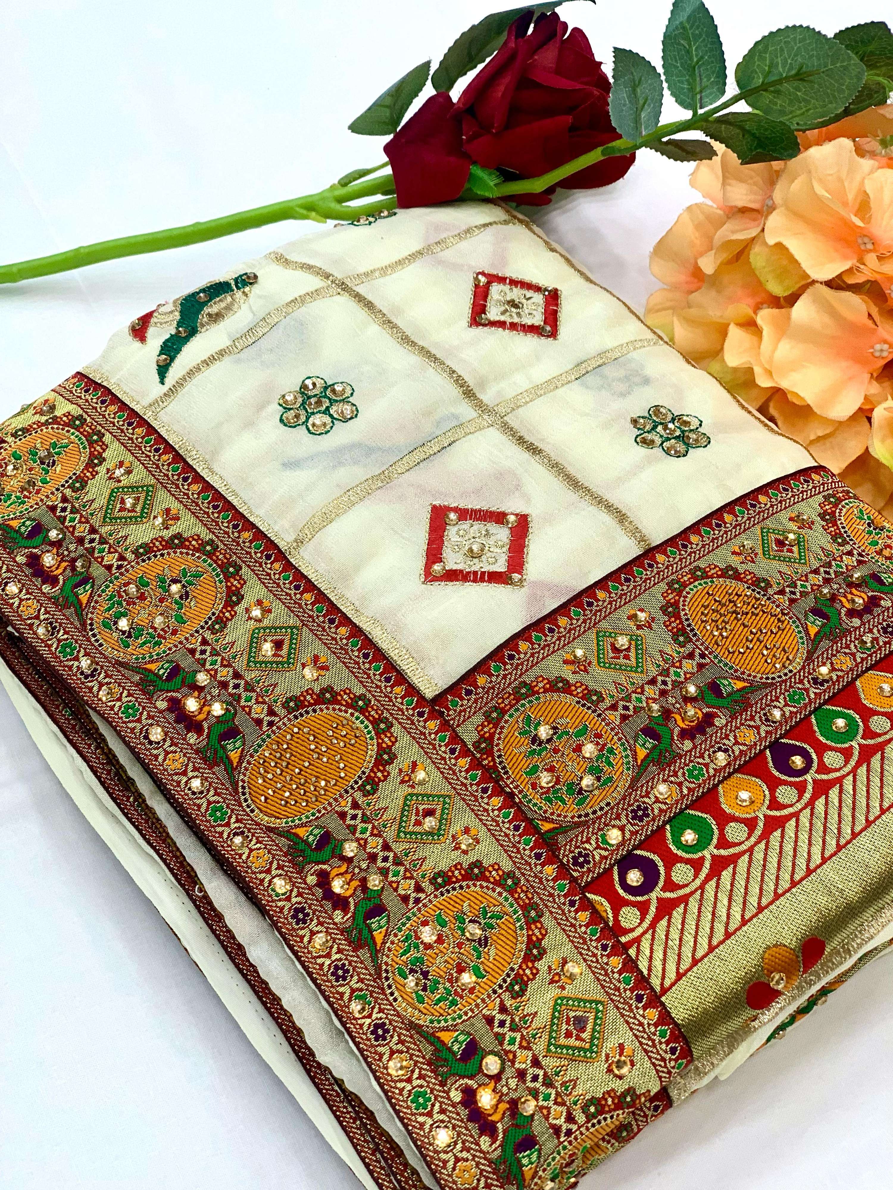 Lorenvalley Fashion Premium White Vichitra Silk Embroidery and Diamond work Both Side Saree