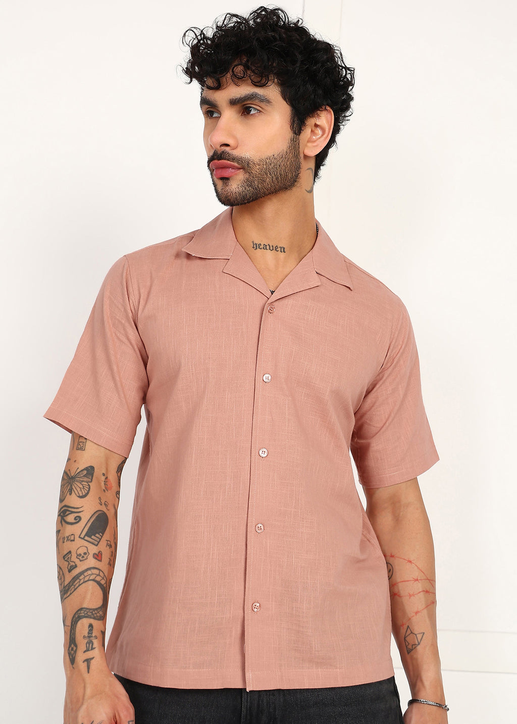 Fabmade Men’S Peach Linen Short-Sleeve Shirt