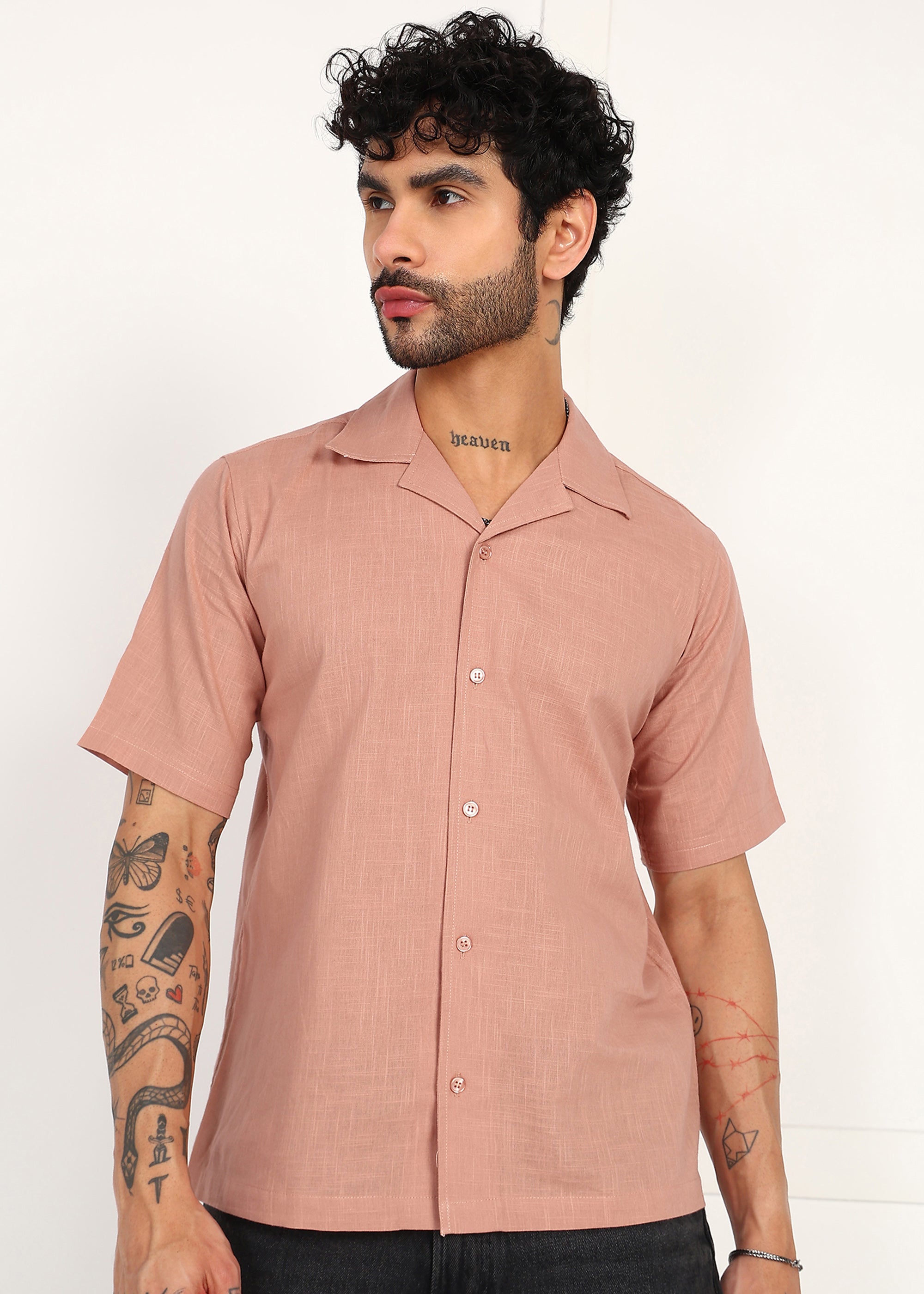 Fabmade Men’S Peach Linen Short-Sleeve Shirt