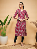 InWeave Women's Wine Floral Print Straight Angrakha Gota Kurta