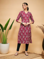InWeave Women's Wine Floral Print Straight Angrakha Gota Kurta