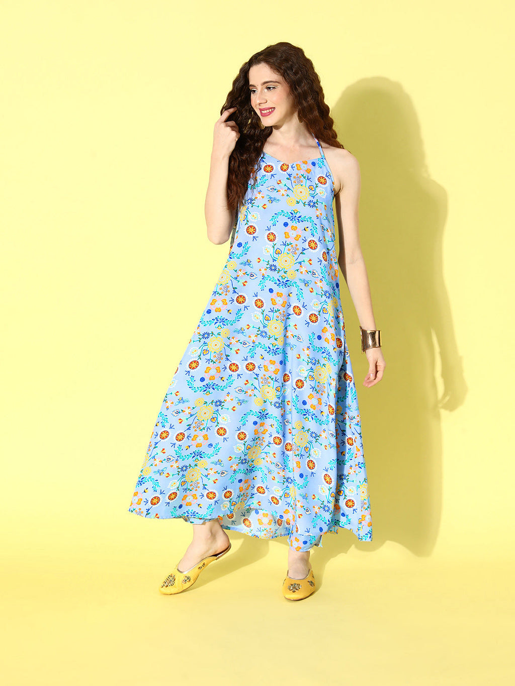 InWeave Women's Sky Blue Print Backless Long Kurta Pant Set