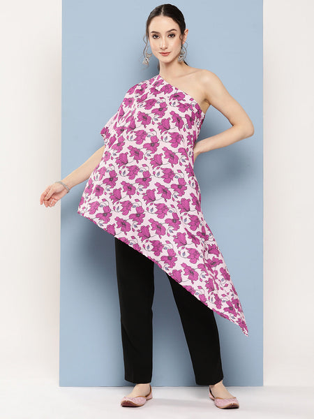 InWeave Women's Pink Fuchsia Japanese Art Oneshoulder Top