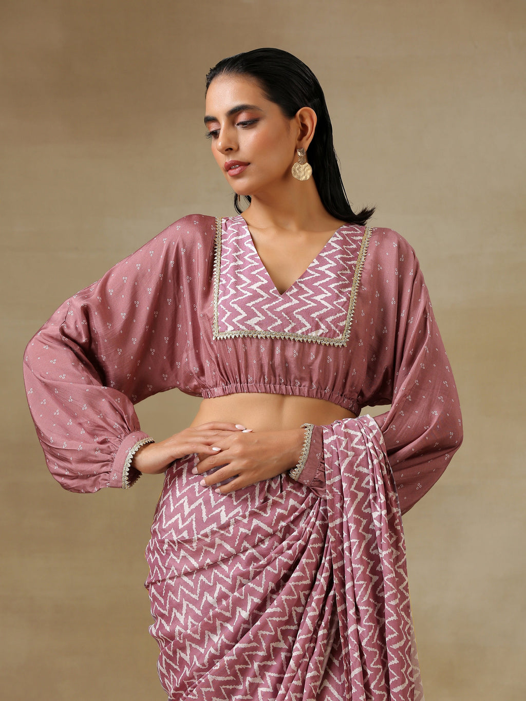 trueBrowns Dark Mauve Bandhani Printed Silk Elasticated Blouse