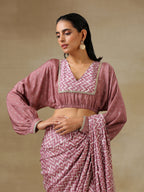 trueBrowns Dark Mauve Bandhani Printed Silk Elasticated Blouse