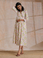 trueBrowns Pink Yellow Floral On White Block Print Cotton Wrap Dress | Relove - Distacart