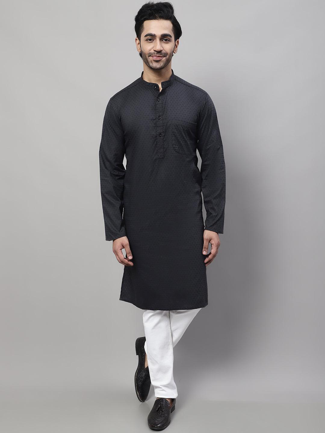 Even Apparels Black Pure Cotton Kurta With Band Collar