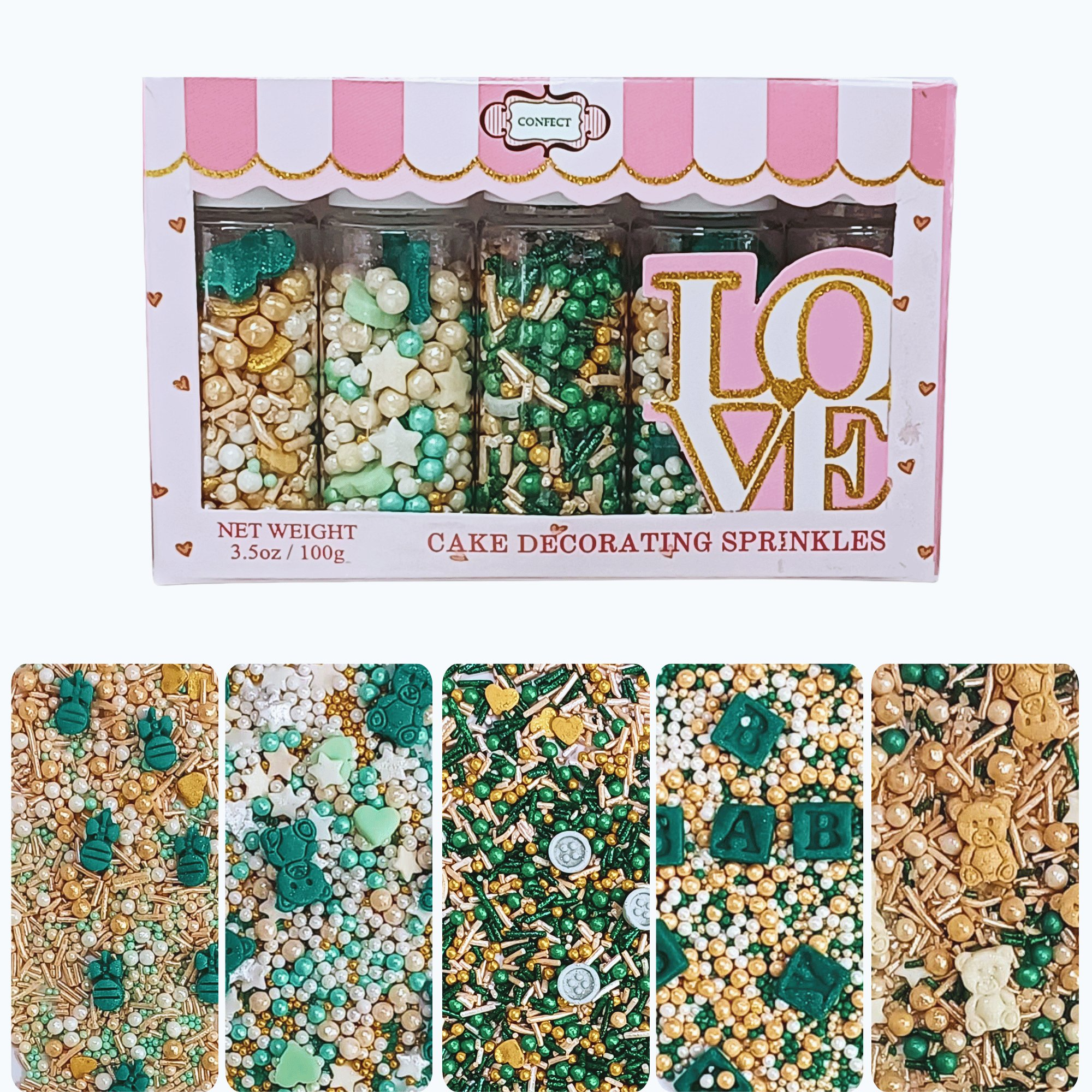 confect baby shower sprinkles gender reveal sprinkles gold silver mint green pearl dragees pack of 5 baby shower 09