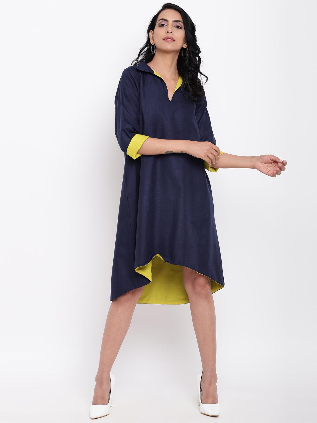 trueBrowns Linen Cotton Blue Collared Dress - Distacart