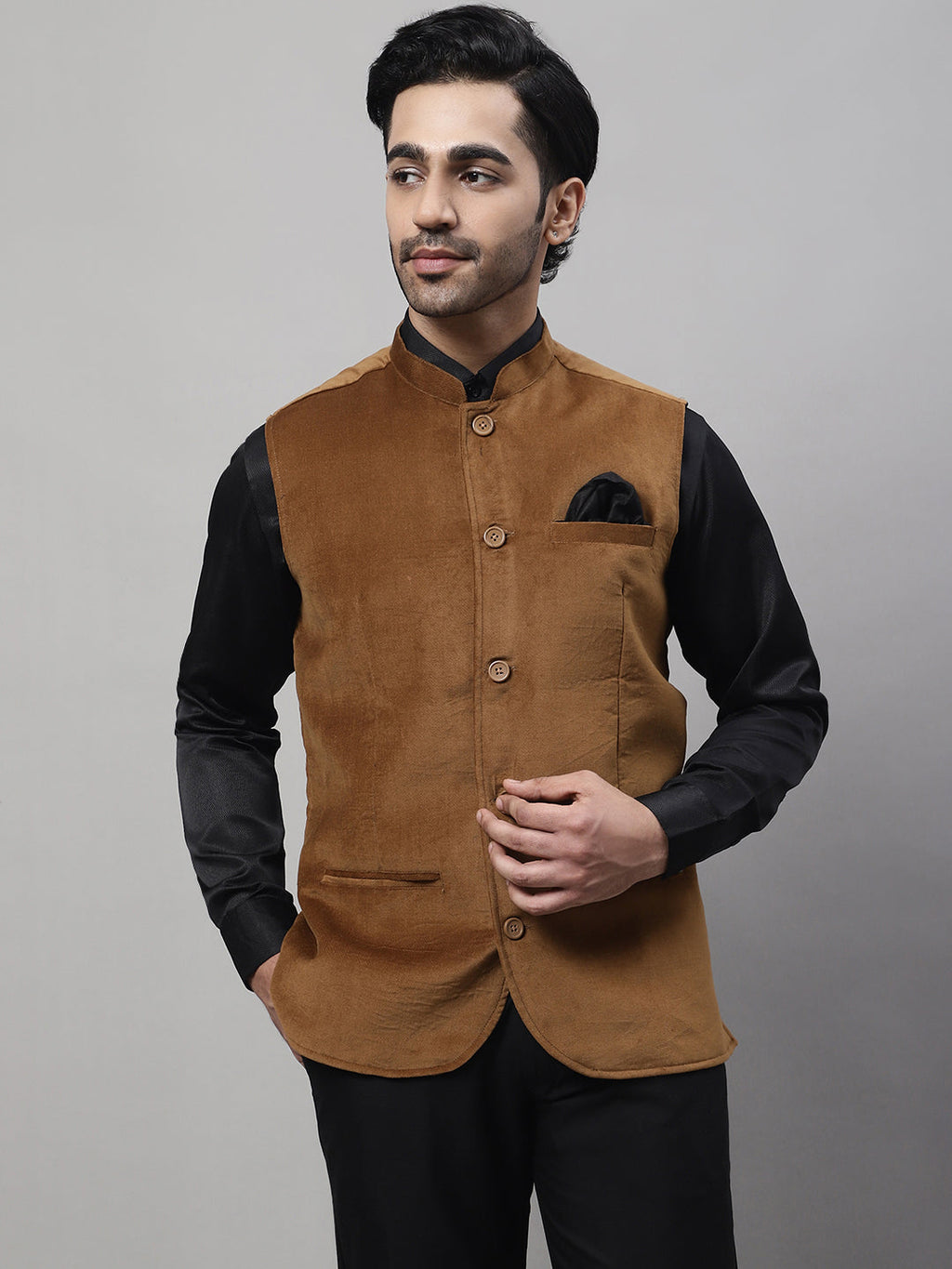 Even Apparels Men's Brown Nehru Jacket With Welt Pockets