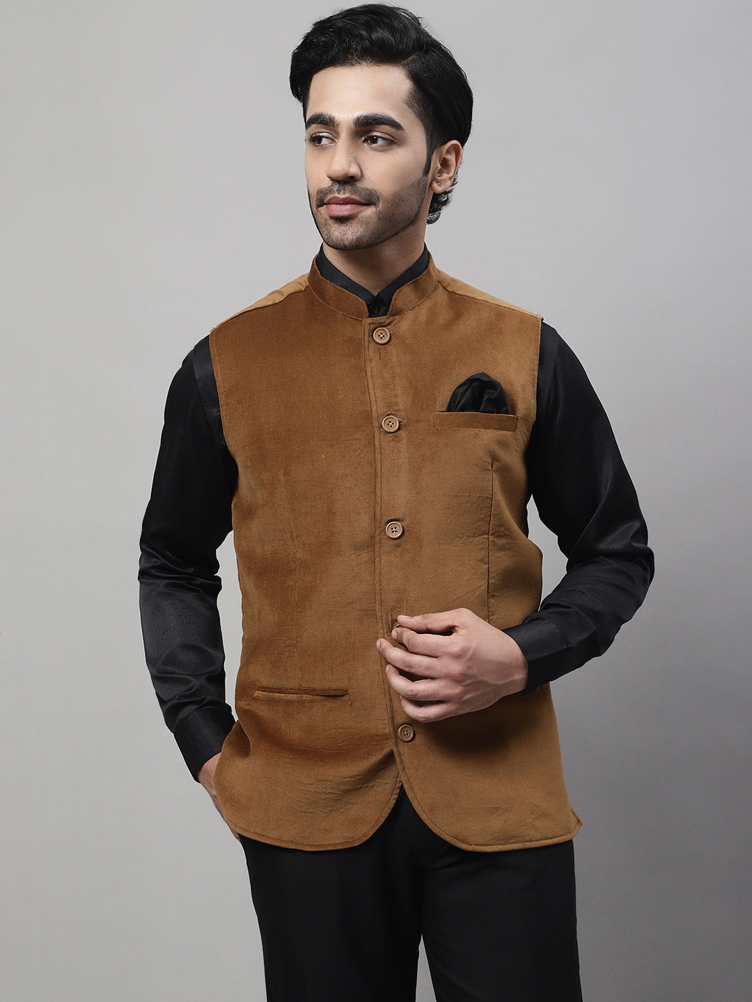 Even Apparels Men's Brown Nehru Jacket With Welt Pockets