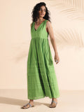 trueBrowns Green Cotton Dobby Yoke Dress - Distacart