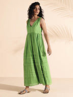 trueBrowns Green Cotton Dobby Yoke Dress - Distacart